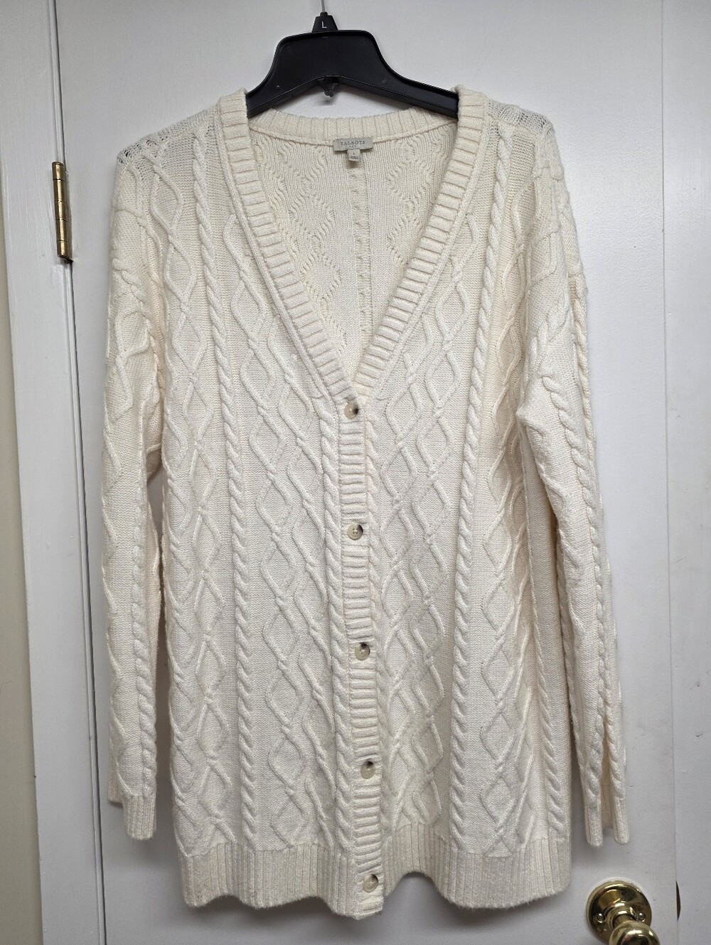 Talbots Cream Cable Knit V-Neck Button Cardigan